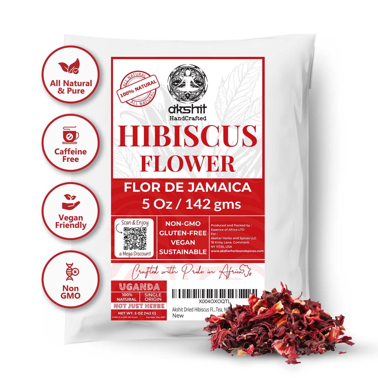 Akshit 5 oz. Dried Hibiscus Flowers (Flor de Jamaica) Tea | Loose Leaf Tea | Caffeine-Free | Vegan Friendly | Fleurs d'hibiscus – Antioxidant Herbal Tea