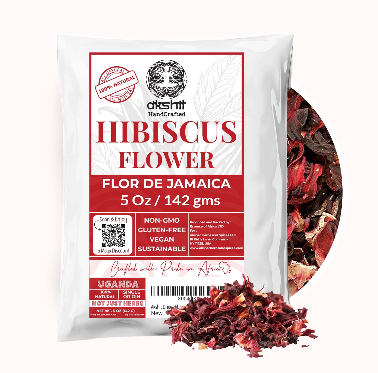 Akshit 5 oz. Dried Hibiscus Flowers (Flor de Jamaica) Tea | Loose Leaf Tea | Caffeine-Free | Vegan Friendly | Fleurs d'hibiscus – Antioxidant Herbal Tea