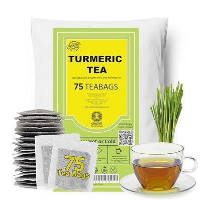 Akshit 75 Natural Turmeric Tea Bags | Peppermint, Lemongrass and Black Pepper Tea Blend, Te De Curcuma, Pure Tumeric Tea blend, Caffeine Free, Stress Relieving Herbal Tea, Non-Gmo. Pack of 1