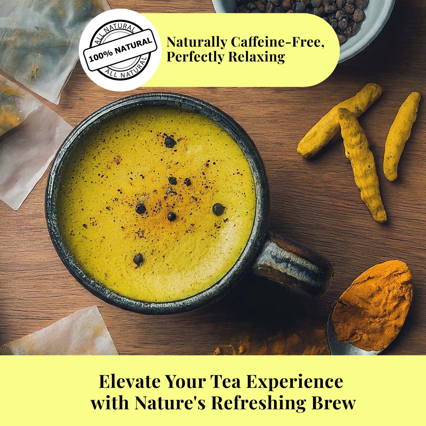 Akshit 75 Natural Turmeric Tea Bags | Peppermint, Lemongrass and Black Pepper Tea Blend, Te De Curcuma, Pure Tumeric Tea blend, Caffeine Free, Stress Relieving Herbal Tea, Non-Gmo. Pack of 1